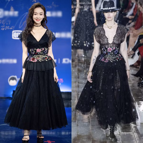 Quyết định chọn thiết kế ren xuyên thấu của Dior nhưng Ngô Cẩn Ngôn đã được sửa lại thành phiên bản kín đáo hơn hẳn.