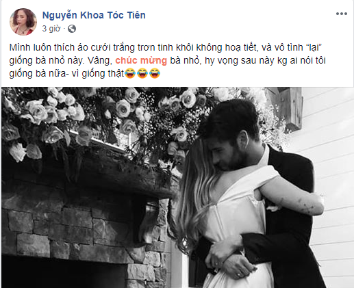 Tóc Tiên hài hước gửi lời chúc mừng tới Miley Cyrus.