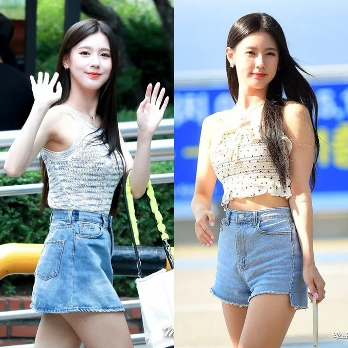Công thức mix đồ quen thuộc của Mi Yeon là áo tank top với quần shorts/ chân váy jeans, cơ bản nhưng vẫn tôn dáng.