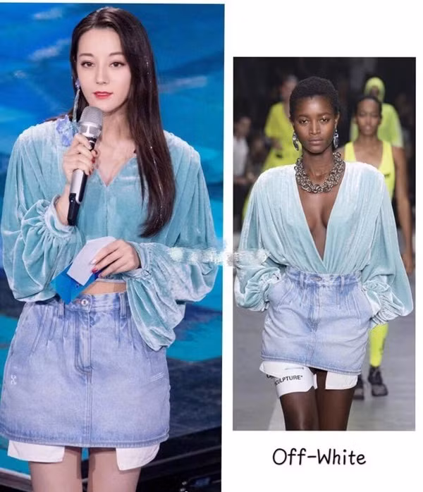 Trong một thiết kế của Off-White, mỹ nhân Tân Cương cũng khâu kín phần xẻ ngực để tránh gặp sự cố
