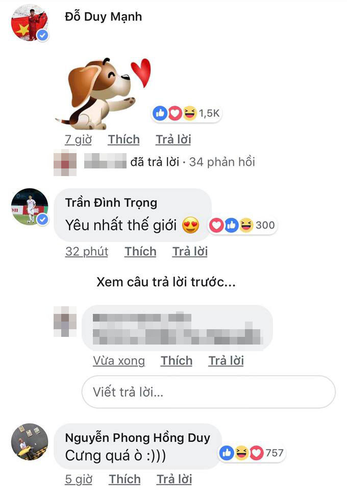 Các đồng đội cũng nhanh chóng vào thả tim, like và bình luận. Trọng "Ỉn" còn không ngại bày tỏ cảm xúc dành cho Dũng 4.