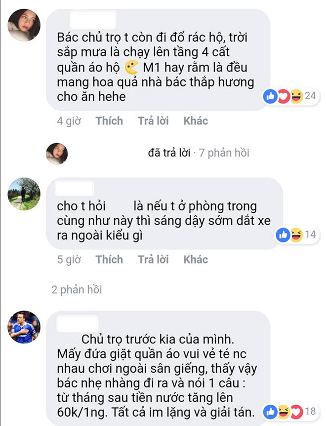 Dưới bài đăng, nhiều người vui vẻ chia sẻ câu chuyện về chủ nhà trọ của mình. Ảnh chụp màn hình.