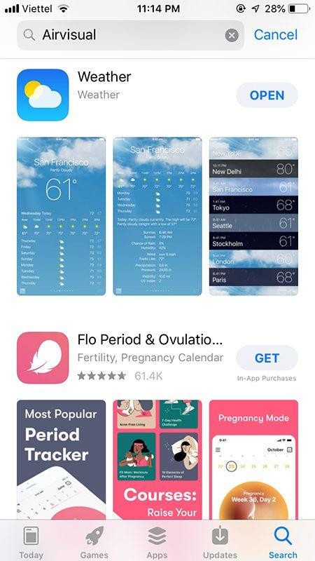 Tìm kiếm từ khoá AirVisual không còn trả về kết quả ứng dụng này trên iOS. (Ảnh chụp màn hình)