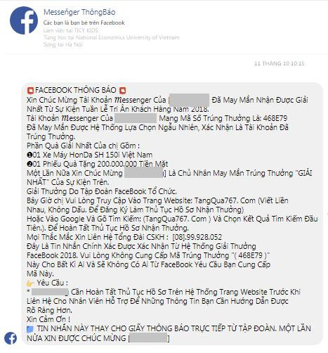 Một tin nhắn lừa đảo qua Facebook.