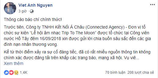 Bài đăng trên Facebook của đại diện Công ty tổ chức đêm nhạc "Trip to the moon".