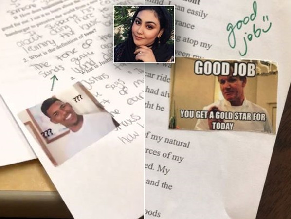 Các “đề can meme” do cô giáo tìm trên mạng, in ra và dán vào bài tập của học sinh.