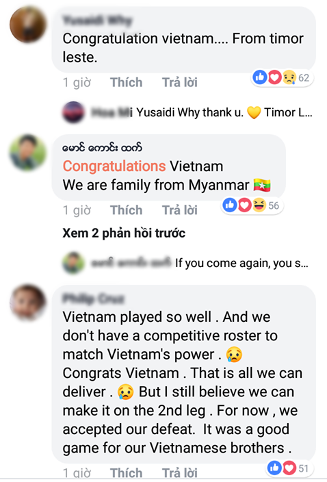 &quot;Việt Nam chơi rất tốt. Chúng tôi không có đội hình cạnh tranh như vậy để đấu với sức mạnh của Việt Nam. Chúc mừng, đấy là tất cả những gì chúng tôi có thể truyền tải. Nhưng tôi vẫn tin rằng chúng tôi có thể lật lại thế cờ trong trận lượt về. Ngay lúc này, chúng tôi chấp nhận thất bại. Đây là một trận đấu hay của những người anh em Việt Nam.&quot; - Một CĐV Philippines tiếc nuối.