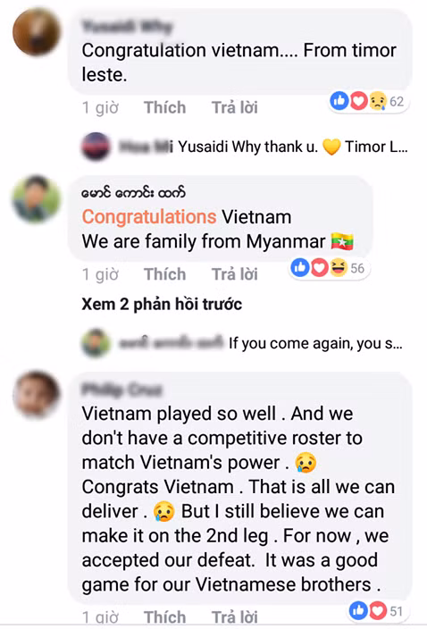 "Việt Nam chơi rất tốt. Chúng tôi không có đội hình cạnh tranh như vậy để đấu với sức mạnh của Việt Nam. Chúc mừng, đấy là tất cả những gì chúng tôi có thể truyền tải. Nhưng tôi vẫn tin rằng chúng tôi có thể lật lại thế cờ trong trận lượt về. Ngay lúc này, chúng tôi chấp nhận thất bại. Đây là một trận đấu hay của những người anh em Việt Nam." - Một CĐV Philippines tiếc nuối.