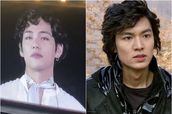 Nhiều fan thú nhận nhìn V lại nhớ đến Goo Jun Pyo, chàng mỹ nam đình đám trong phim Boys over flowers cách đây đúng 10 năm vì cả hai chàng trai đều để tóc xoăn tít.