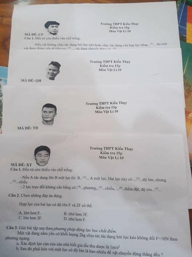 Đề thi Vật lý dùng tên và hình ảnh các cầu thủ đội tuyển Việt Nam là mã đề. Ảnh: Hà Đen/Hội fandom Owker.
