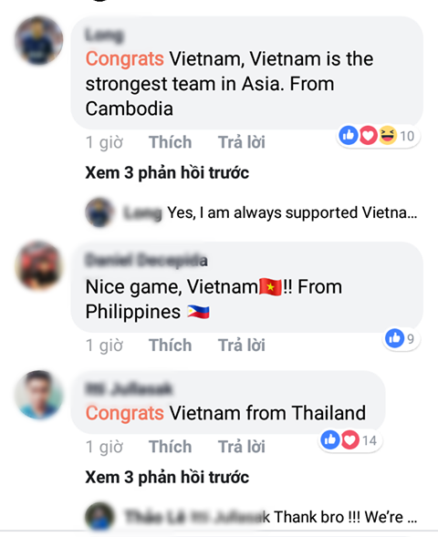 Từ các fan bóng đá Campuchia, Thái Lan... đến fan Philippines cũng chung vui với Việt Nam.