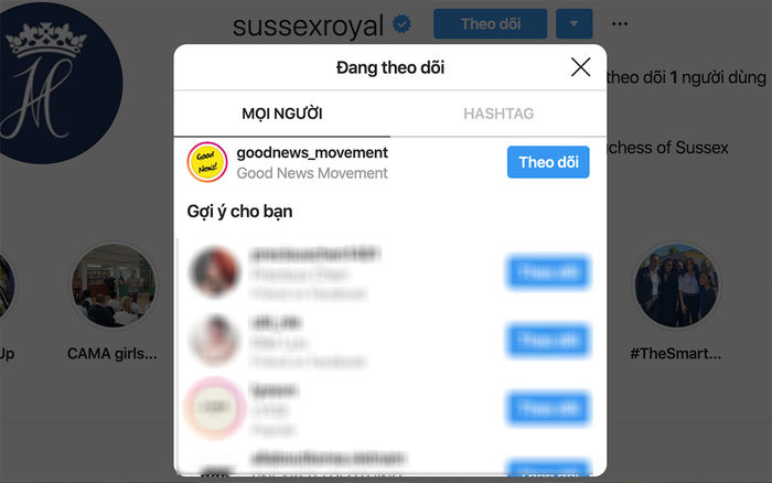 @goodnews_movement là tài khoản duy nhất được Hoàng tử Harry và công nương Meghan Markle theo dõi trên Instagram. (Ảnh chụp màn hình)