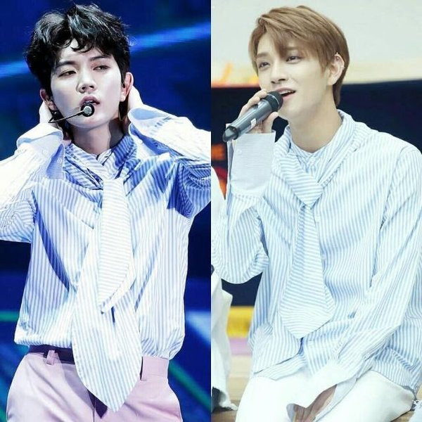 Ren (NU’EST) và Joshua (Seventeen) cũng đụng hàng trên sân khấu bằng một thiết kế rất độc đáo.