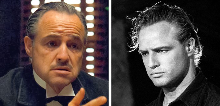 Marlon Brando vào vai "Bố già" trong bộ phim cùng tên. Anh đã phải nhét khăn giấy vào miệng để làm phồng má, hơi gù lưng, tỏ vẻ mệt mỏi trên khuôn mặt. Cùng với khả năng diễn xuất xuất sắc, Marlon đã giành giải Oscar cho vai diễn này