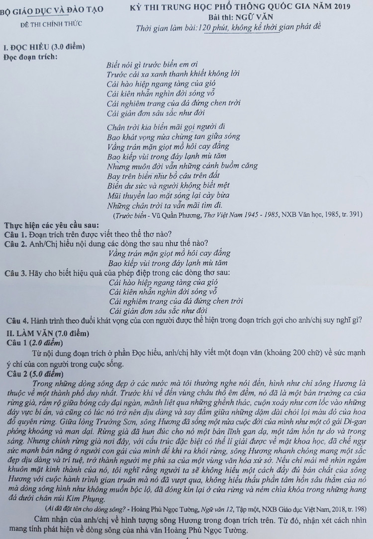 Đề thi Ngữ văn THPT Quốc gia 2019. Ảnh: Internet