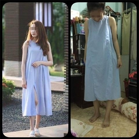 Màu sắc của chiếc váy thực tế có vẻ không được tươi tắn như quảng cáo. Thậm chí, chất vải của chiếc váy quảng cáo trông mịn màng còn chiếc váy thực tế thì nhăn nhó, nhàu nhĩ.