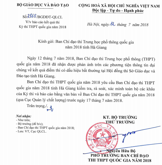 Công văn của Bộ GD&ĐT yêu cầu xác minh thông tin điểm cao bất thường tại Hà Giang.