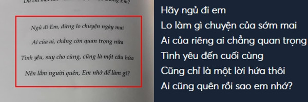 Hay đoạn thơ "Ngủ đi em, đừng lo chuyện ngày mai/ Ai của ai, chẳng còn quan trọng nữa/ Tình yêu, suy cho cùng, cũng là một câu hứa/ Nên lắm người quên, Em nhớ để làm gì?" lại khá giống với đoạn điệp khúc của Tình nhân ơi.