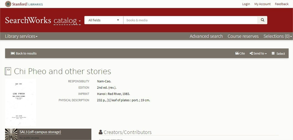 "Chi Pheo and orther stories" trên trang thư viện của Stanford.