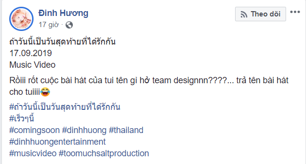 Dòng trạng thái với hashtag tên ca khúc tiếng Thái của Đinh Hương.