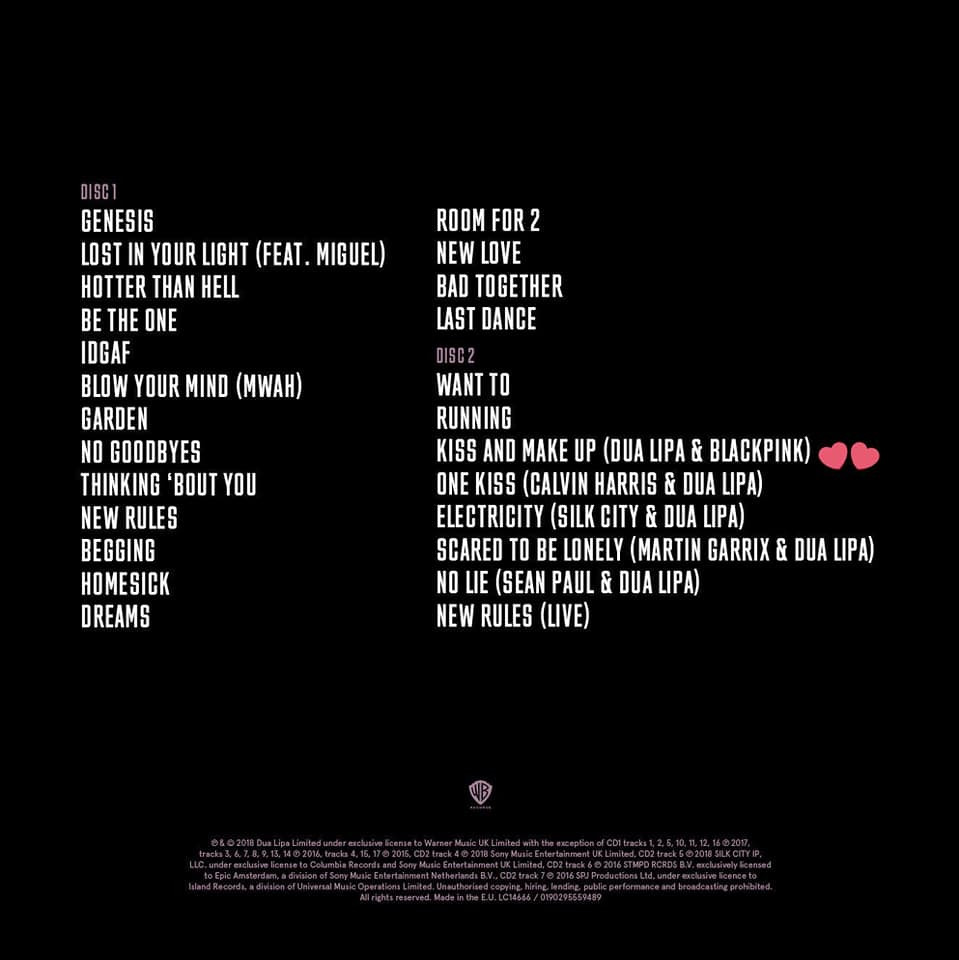 Danh sách ca khúc trong album của Dua Lipa, trong đó có Kiss and Make up. (Nguồn: BLACKPINK_INTL)