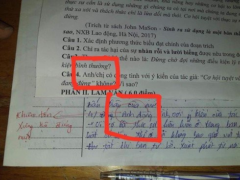 Nam sinh cả gan xưng “Anh” trong bài kiểm tra ngay lập tức nhận kết “đắng” từ phía giáo viên.