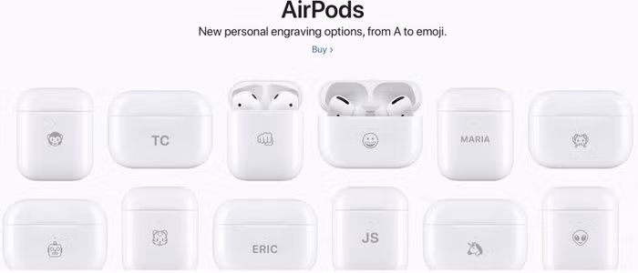 Apple giới thiệu chương trình khắc emoji và các kí tự trên vỏ hộp sạc AirPods trên website chính thức. (Ảnh chụp màn hình)