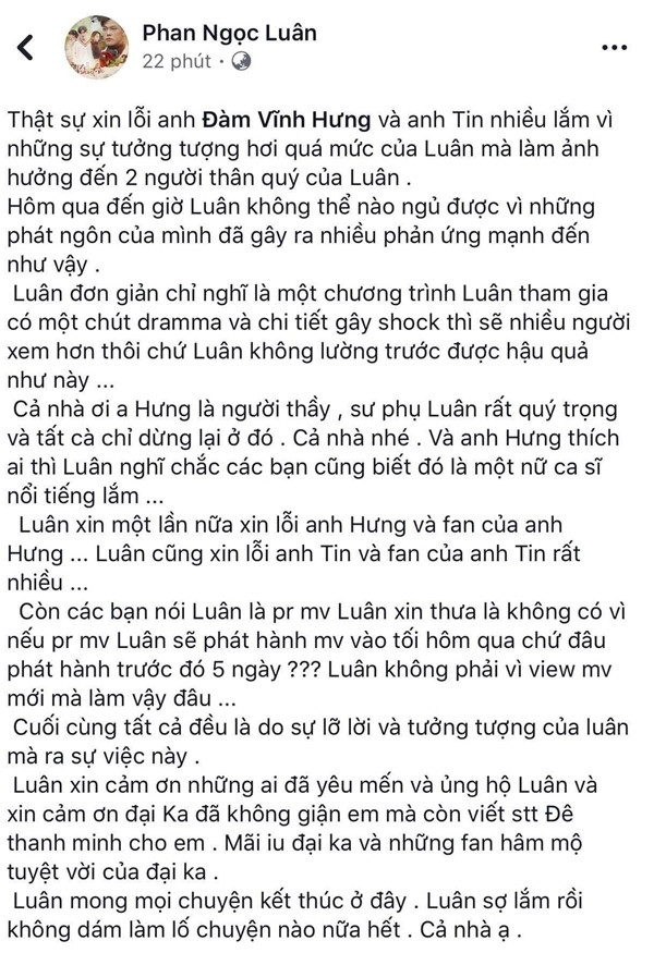 Dòng trạng thái xin lỗi của Phan Ngọc Luân.
