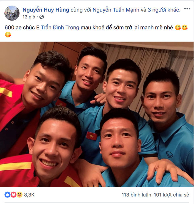 Tiền vệ Nguyễn Huy Hùng cũng gửi lời chúc cầu thủ CLB Hà Nội mau bình phục và trở lại với đội tuyển.