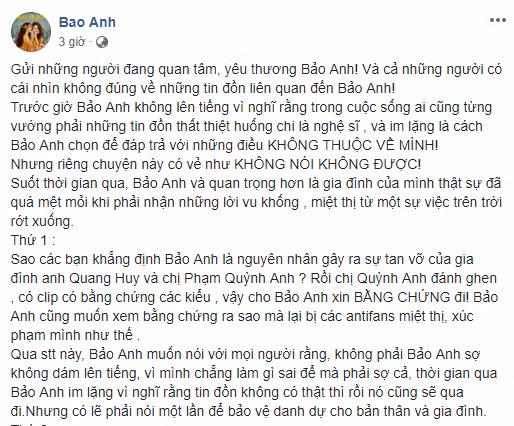 Bảo Anh chia sẻ trên trang cá nhân.