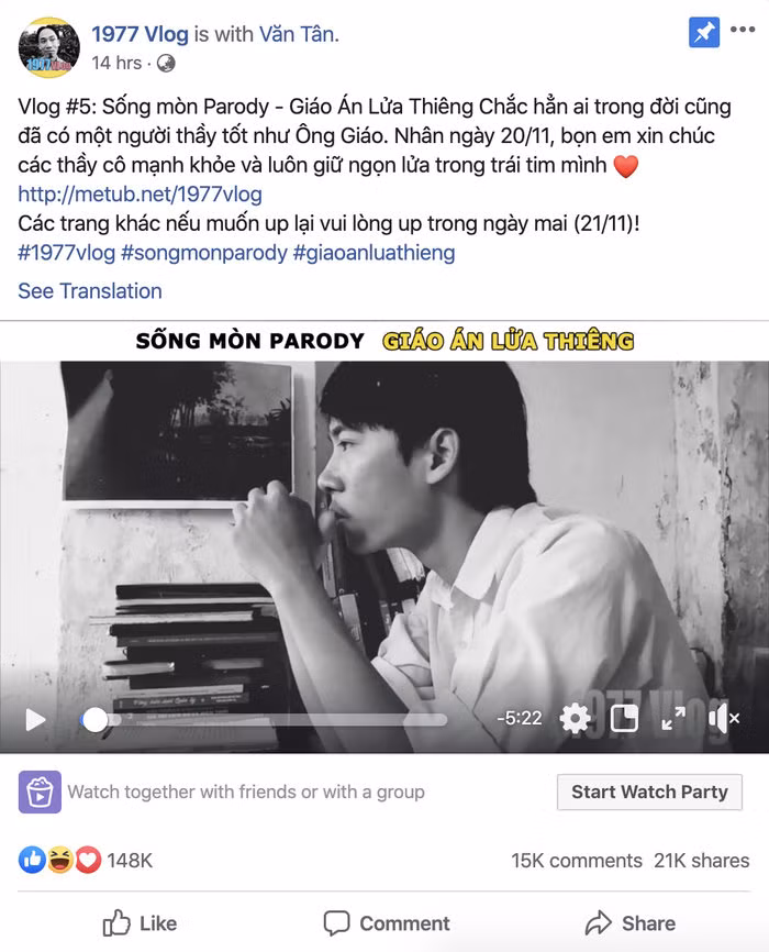Bài đăng nhận được tương tác khủng của 1977 Vlog khi ra mắt vlog thứ 5 nói về chủ đề thầy cô giáo.