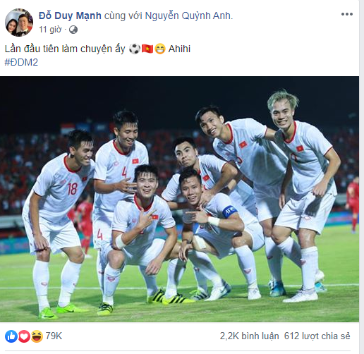 Duy Mạnh tag người yêu vào bài đăng sau khi vừa hoàn thành trận đấu gặp Indonesia.