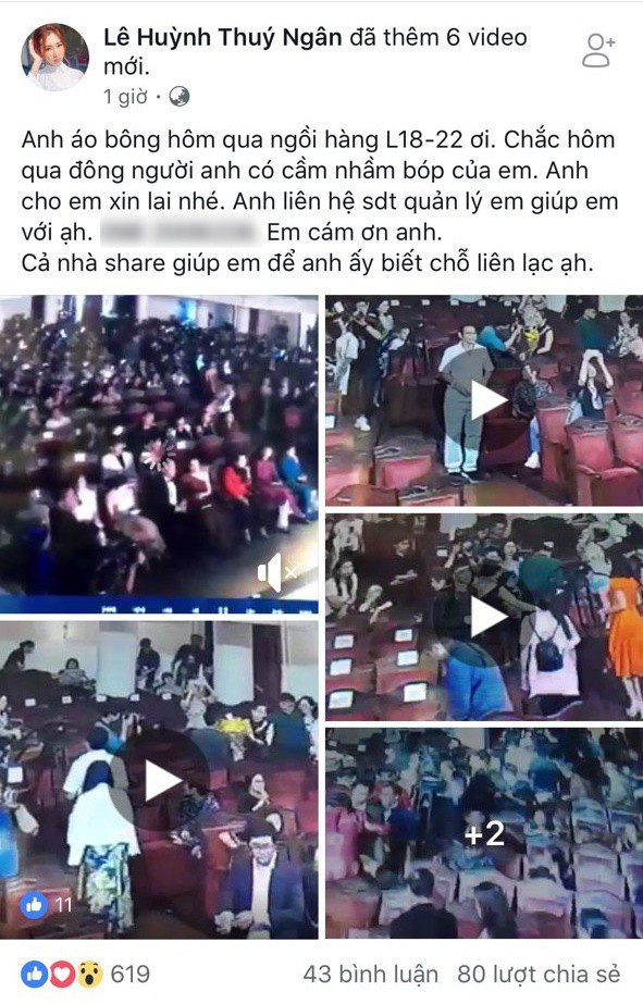 Nữ diễn viên đăng tải dòng trạng thái nhẹ nhàng kèm hình ảnh người lấy túi của mình. Cô hi vọng có thể sớm nhận lại được món đồ.