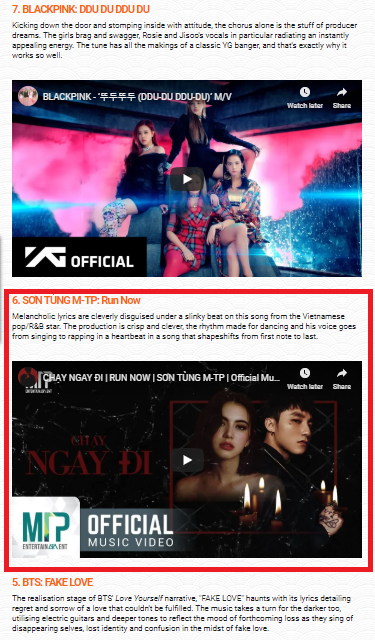 Vượt Ddu-du Ddu-du – BLACKPINK, Chạy ngay đi đạt vị trí thứ 6 tong Top 100 ca khúc hay nhất châu Á do SBS PopAsia bình chọn. Ca khúc này chỉ đứng sau: đứng sau Fake Love (BTS), Bad Boy (Red Velvet), Love Scenario" (IKON), Lemon (Kenshi Yonezu) và Idol (BTS).