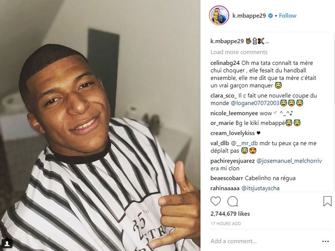 Kylian Mbappe quyết định đi cắt tóc sau khi vô địch World Cup 2018. (Ảnh: Instagram K.Mbappe29).