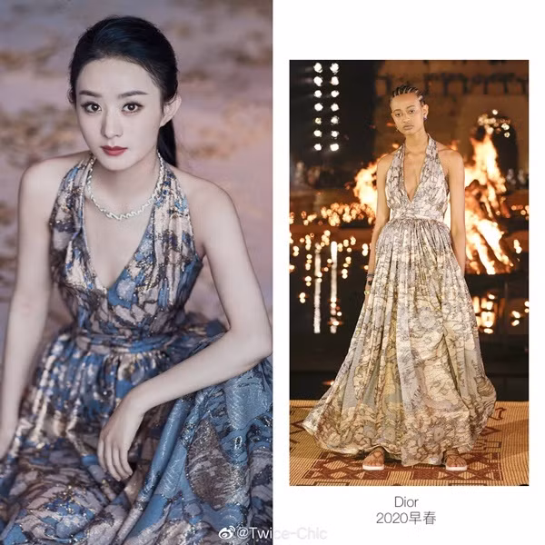 Triệu Lệ Dĩnh từng diện váy Dior khoét cổ rộng nhưng đã khâu lại một phần để không bị hở ngực quá nhiều như người mẫu.