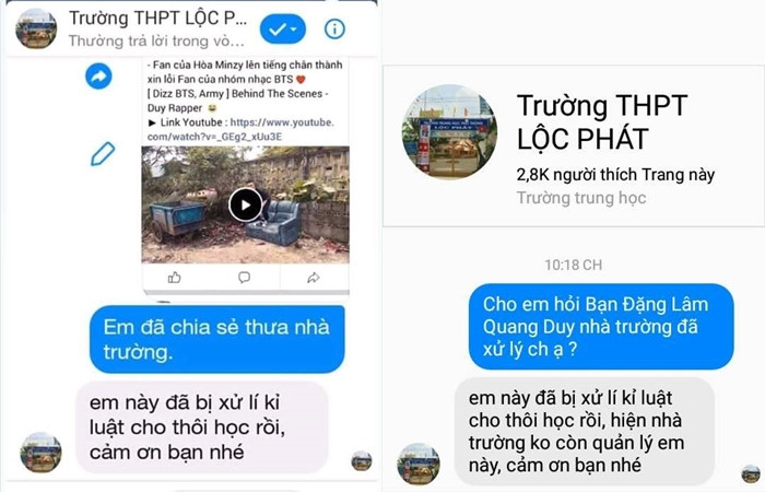 Một vài FB-er đã nhắn tin cho trường và được trả lời rằng trường đã đình chỉ D..