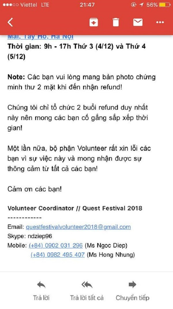 Toàn bộ email phản hồi về việc bồi thường được ban tổ chức gửi cho tình nguyện viên.