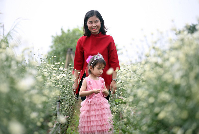 Bà mẹ trẻ đưa cô con gái đến vườn cúc họa mi với mong muốn lưu giữ lại những khoảnh khắc đáng yêu của hai mẹ con..