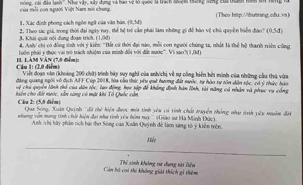 Đề Văn học kỳ đặt ra câu hỏi suy nghĩ của học trò về các nhà vô địch AFF Cup.