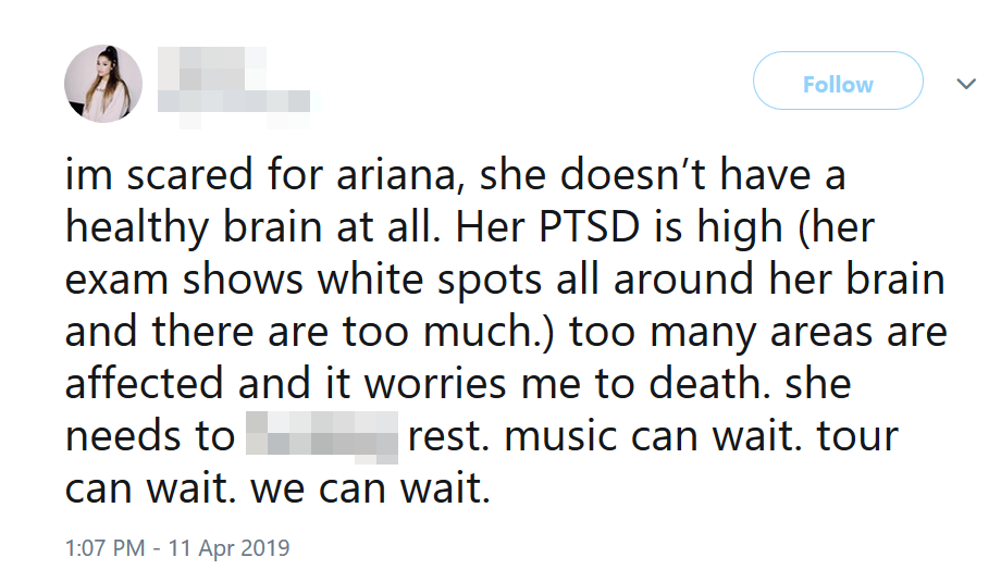 “Chị tốt nhất nên nghỉ ngơi Ariana à. Cảm hứng âm nhạc sẽ luôn ở đó. Những tour diễn có thể chờ đợi. Và chúng em vẫn sẽ luôn ở bên chị.”