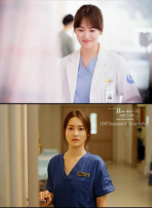 Quần áo bác sĩ của cả hai cũng giống nhau về kiểu dáng, chỉ khác về sắc độ của màu xanh.