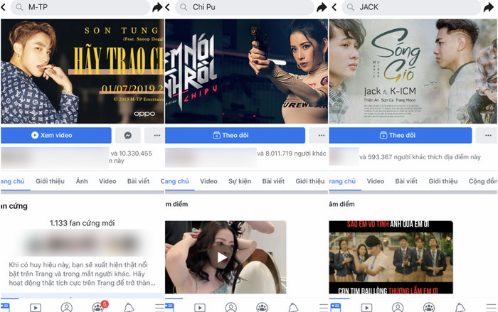 Nút “Thích” (Like) đã biến mất hoàn toàn trên fanpage của Sơn Tùng M-TP, Chi Pu và Jack. Người dùng giờ đây chỉ có thể nhấn “Theo dõi” (follow) thần tượng của mình.