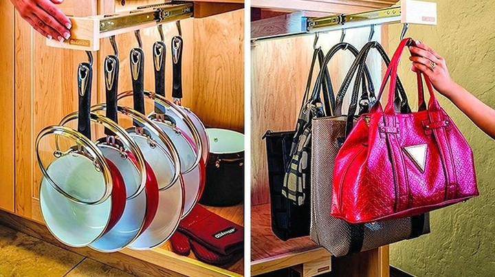 Khung kéo sắp xếp chảo, túi có thể vừa với hầu hết các kích cỡ tủ. Trọng lượng của vật được treo sẽ không thành vấn đề vì mỗi móc có thể chịu được tải trọng lên đến 4 kg.