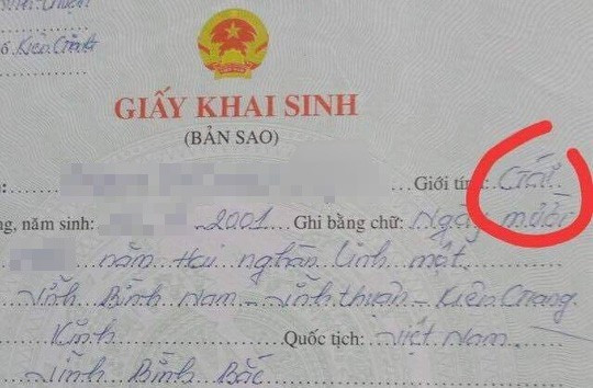 Giấy khai sinh của nữ sinh THPT bị sai phần giới tính. (Ảnh: NLĐ)