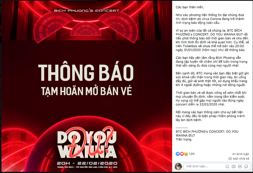 Dòng thông báo hoãn bán vé concert của Bích Phương.