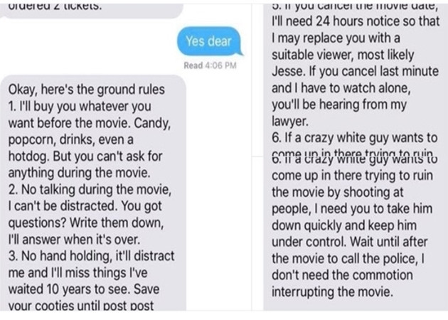 Những tin nhắn của anh bạn trai ghi rõ các nguyên tắc cho bạn gái trước khi đi xem phim.