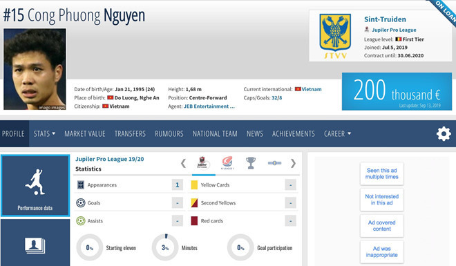 Giá chuyển nhượng của Công Phượng theo đánh giá của Transfermarkt. Ảnh chụp màn hình.