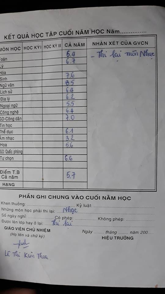 Cuốn học bạ lớp 6 với môn âm nhạc chỉ được 3,2 điểm tổng kết được cậu bạn có tên facebook là Tuấn An chia sẻ.
