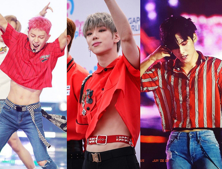 Các thành viên của nhóm A.C.E từng mặc croptop kiểu sơ mi, màu đỏ rực nổi bật. 